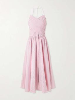 Draped striped cotton-poplin halterneck midi dress