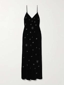 Embellished silk-satin trimmed velvet midi dress