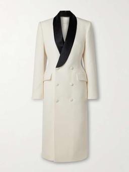 Double-breasted satin-trimmed wool-crepe midi dress