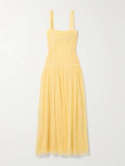 Florelle ruched  Chantilly lace maxi dress