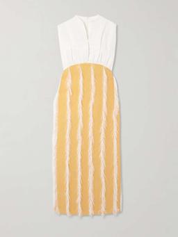 Paz faux feather-trimmed pleated cotton-blend twill midi dress