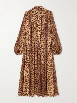 Crush tie-neck pleated leopard-print crepe de chine midi dress