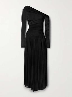 Crush off-the-shoulder tie-detailed gathered stretch-mesh maxi dress