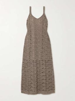 Sequin-embellished open-knit linen-blend midi dress