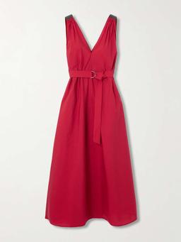 Belted cotton-blend poplin midi dress