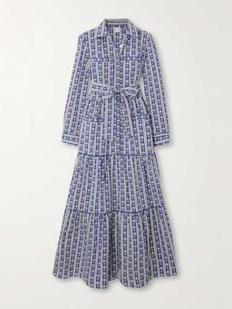 Uma belted tiered printed striped cotton-poplin midi dress