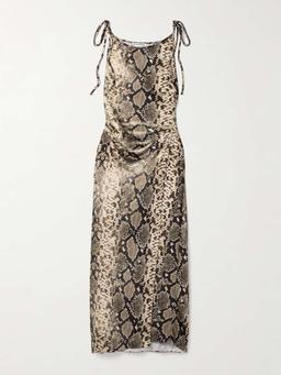 Wrap-effect draped snake-print hammered-satin midi dress