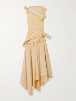Asymmetric knotted cutout stretch-crepe midi dress