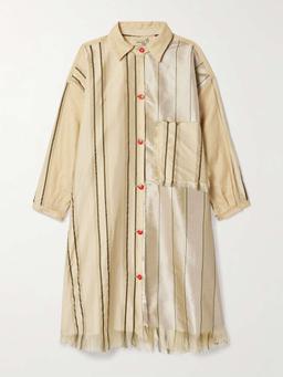 Oversized paneled striped silk and linen midi shirt dress
