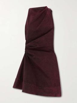 Gathered asymmetric denim mini dress