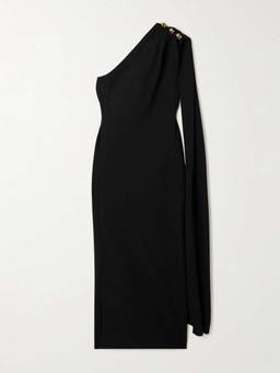 Cape-effect embellished one-shoulder crepe midi dress