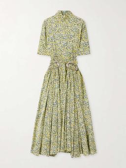 Embellished gathered pleated floral-print crepe turtleneck midi dress