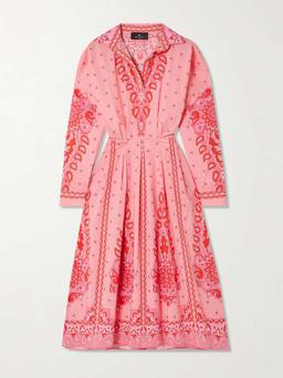 Pleated printed cotton-blend poplin midi shirt dress