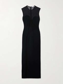 Silk-trimmed stretch-knit maxi dress