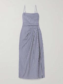 Cari wrap-effect gathered striped cotton-poplin midi dress