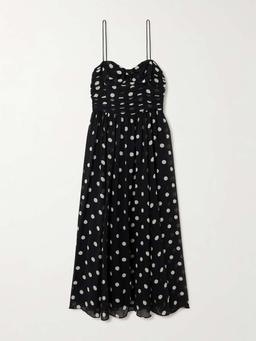 Maryanna bow-detailed ruched polka-dot silk-georgette midi dress