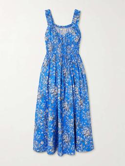 Emmaretta shirred floral-print organic cotton-voile midi dress