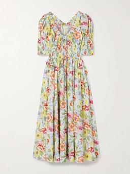 Ischia shirred floral-print cotton-voile midi dress