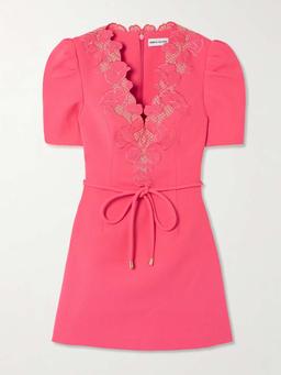Lulu belted lace-trimmed cady mini dress
