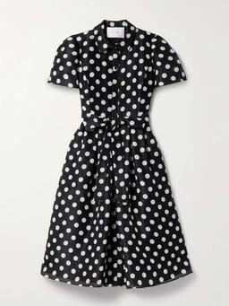 Belted pleated polka-dot silk-gazar midi shirt dress