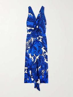 Asymmetric ruffled printed jersey maxi dress