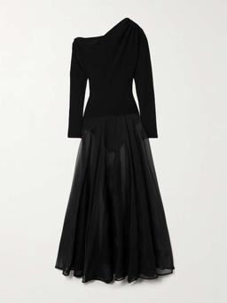 Aire Twist asymmetric cutout stretch-knit and silk-organza maxi dress