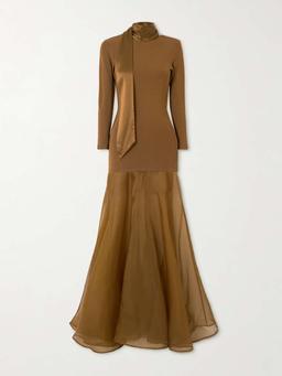 Aire scarf-effect satin-trimmed stretch-knit and silk-organza maxi dress