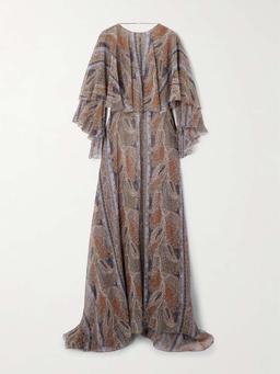 Open-back cape-effect paisley-print silk-georgette maxi dress
