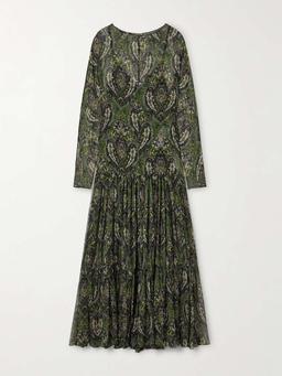 Pussy-bow shirred printed metallic silk-crepon maxi dress