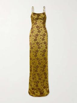 Gathered floral-brocade gown