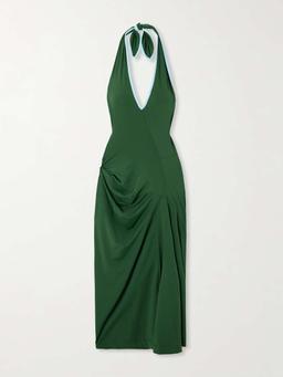 Gathered two-tone stretch-jersey halterneck midi dress