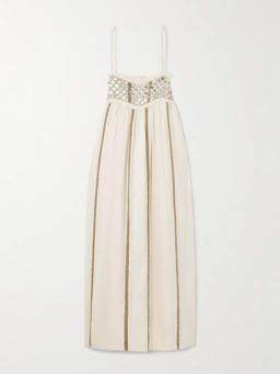 Eden frayed embellished striped cotton-blend gauze midi dress