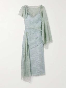 Asymmetric draped crepon-trimmed embroidered tulle midi dress