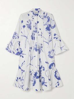 Tiered pintucked floral-print organic cotton-poplin mini shirt dress