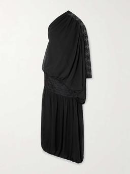 One-shoulder draped georgette and lace gown