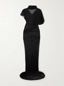 Lilith asymmetric gathered organza-jersey gown