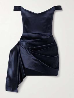 Off-the-shoulder draped cotton and silk-blend duchesse-satin mini dress