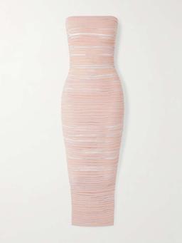 Strapless sequin-embellished open-knit midi dress