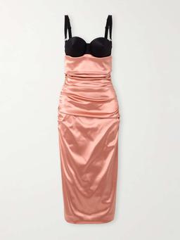 Two-tone ruched satin midi dress