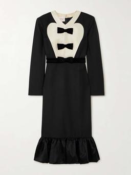 Belted bow-embellished velvet and Ottoman-trimmed wool midi dress