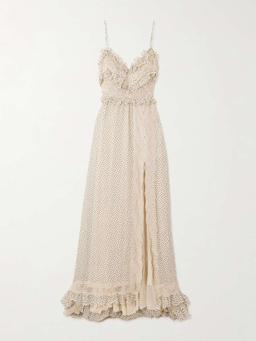 Lace-trimmed ruffled polka-dot silk-georgette gown