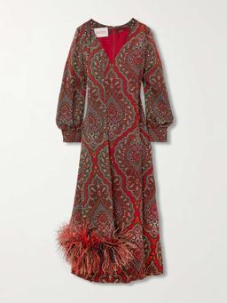 Feather-trimmed scarf-detailed paisley-print silk-crepe midi dress