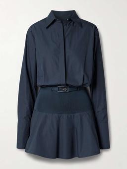 The Irene belted stretch knit-trimmed cotton-poplin mini shirt dress