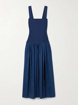 Stretch-knit and gathered linen-blend midi dress