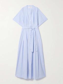 Belted pleated striped cotton-poplin midi shirt dress