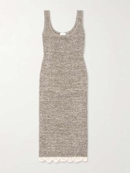 Crochet-trimmed knitted midi dress