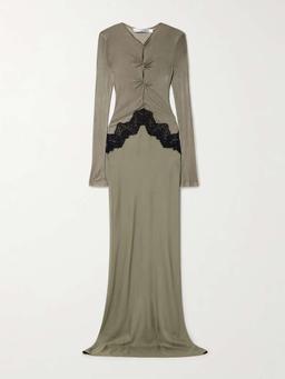 Cutout twist-front lace-trimmed ribbed-knit and crepe gown