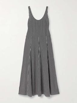 Pleated striped recycled-crepe de chine midi dress