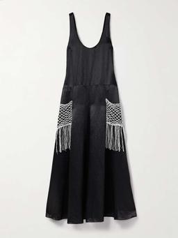 Macramé-trimmed satin-twill maxi dress