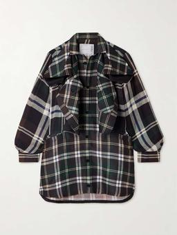 Ruffled checked woven mini shirt dress